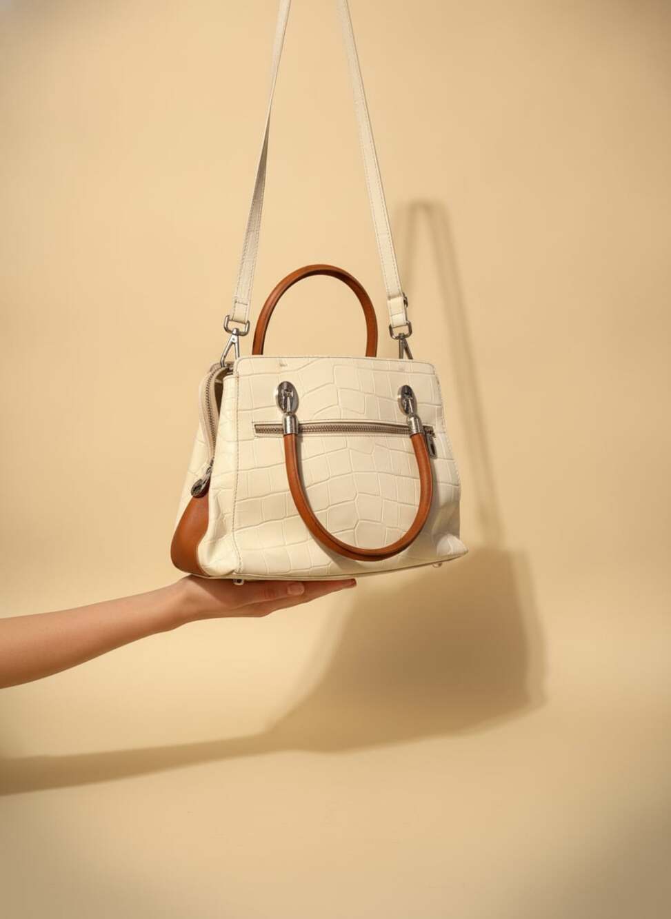 Valentina Made in Italy White Croc-Embossed Leather Satchel with Tan Trim